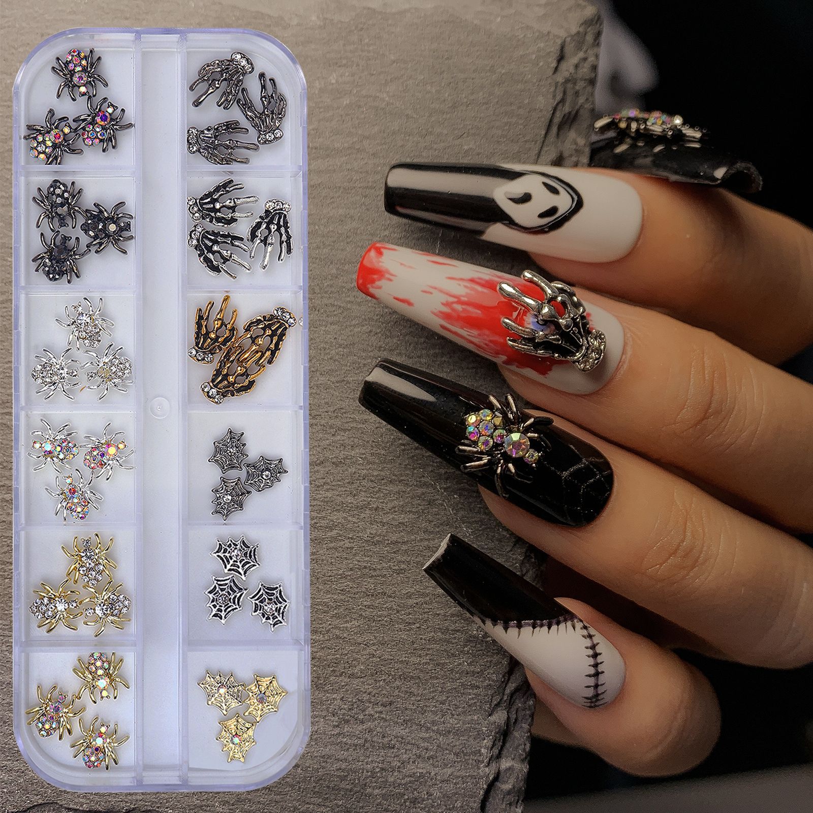36Pcs 3D Skull Spider Halloween Alloy Golden Silver Nail Jewelry for Nail Art Decorations Manicure Accessories