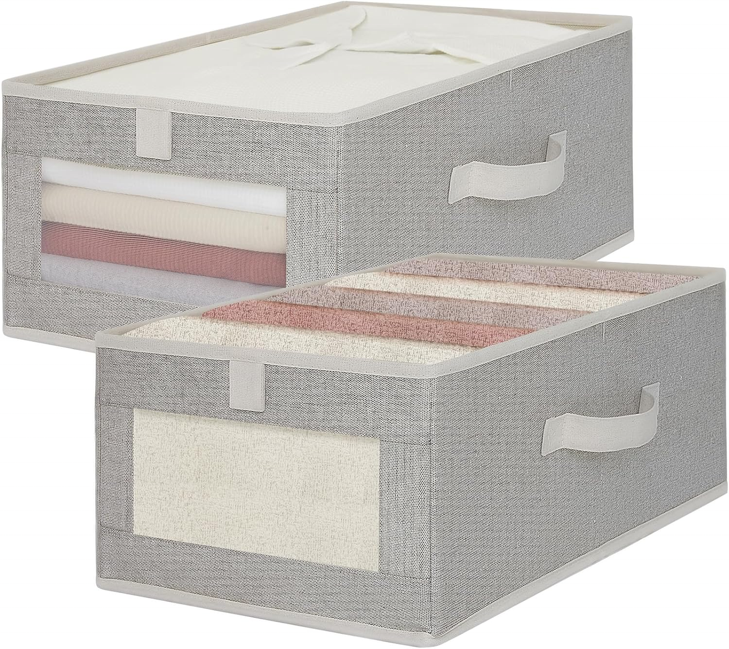 Foldable Linen Fabric Storage Box Handle Grey Foldable Visible Window Rectangle Clothes Organizer Bedroom/Wardrobe Room Toy