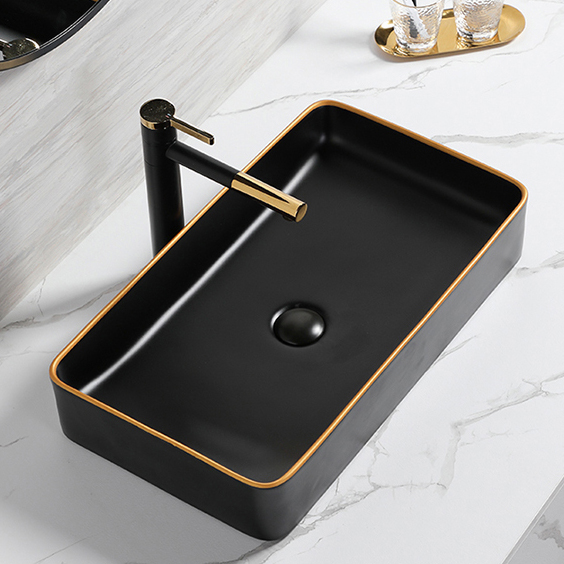 Modern rectangular shape color bathroom sink matt black ceramic wash basin with gold rim