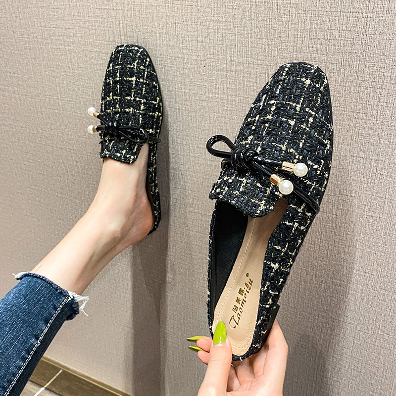 BUSY GIRL OMN2521 Shallow muzzle square head glitter sexy slim metal nightclub wedding pumps flats woman sandals mules