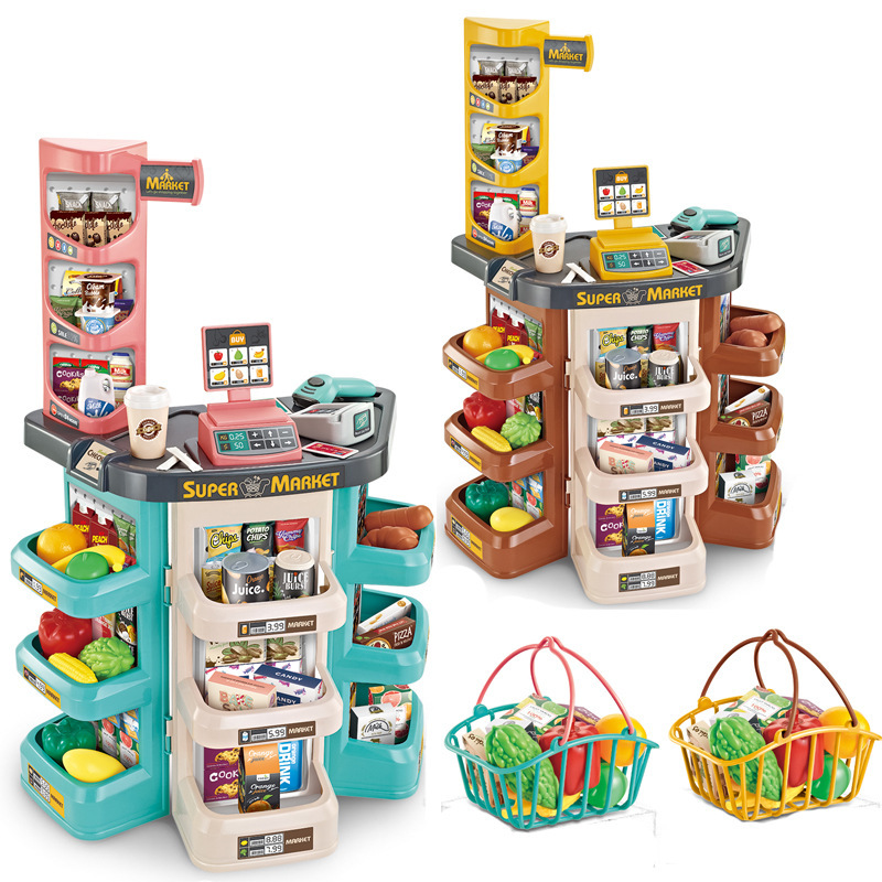Kids plastic pretend play toys set supermarket cash register toy shopping cart