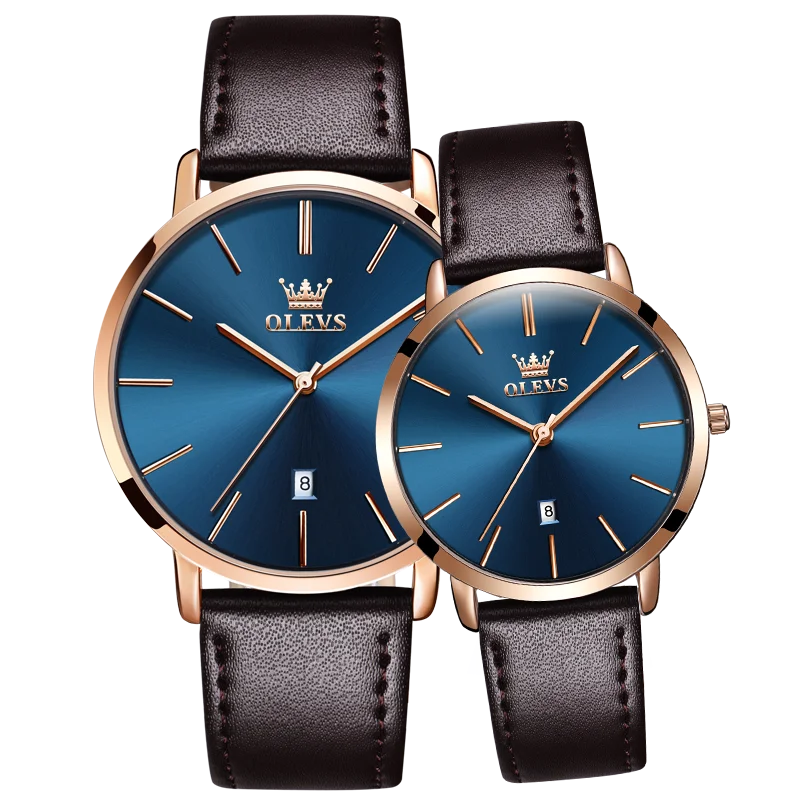 OLEVS 5869 Lover Watch Couple A Pair Hand Watch Leather Strap Minimalist WaterProof Quartz Watch For Men And Women