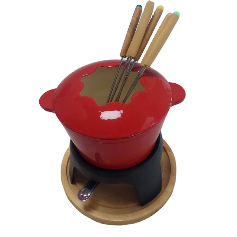 Hot selling enamel hot pot cast iron fondue pot 6 fondue forks chocolate cheese fondue set