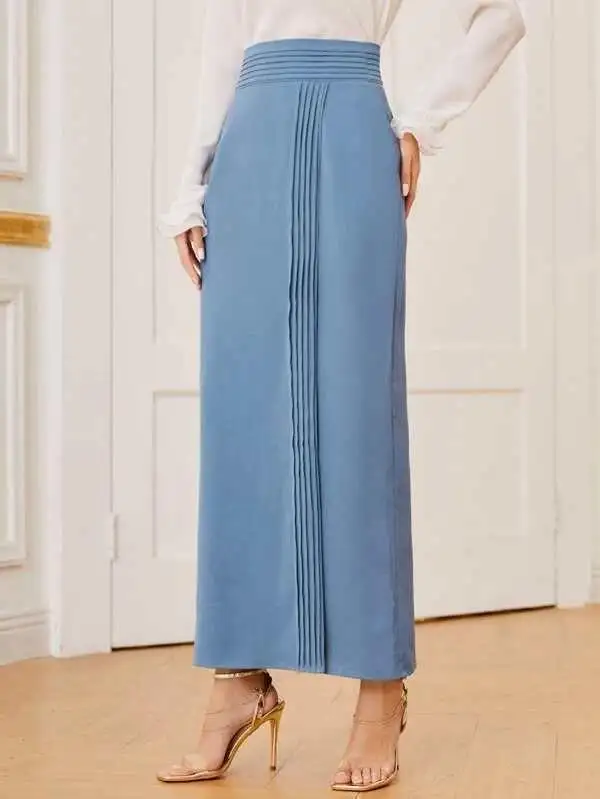Factory Wholesale Custom Casual Long Skirts For Women Elegant High Waist Bodycon Maxi Fold Pleated Solid Skirt