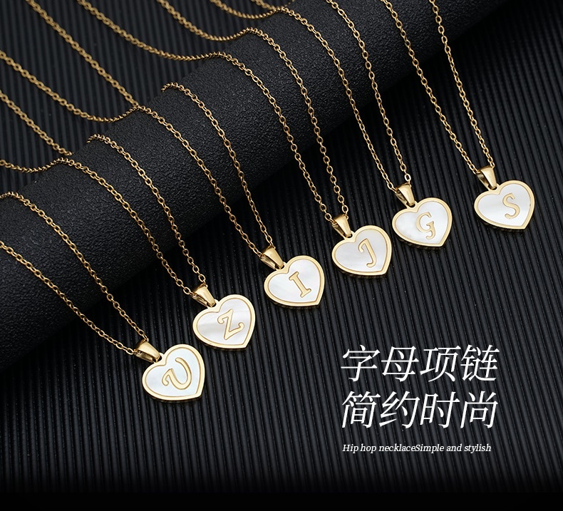 26 Letters Gold Plated Necklace Love White Shell Heart Necklace Stainless Steel Initial Necklace For Women