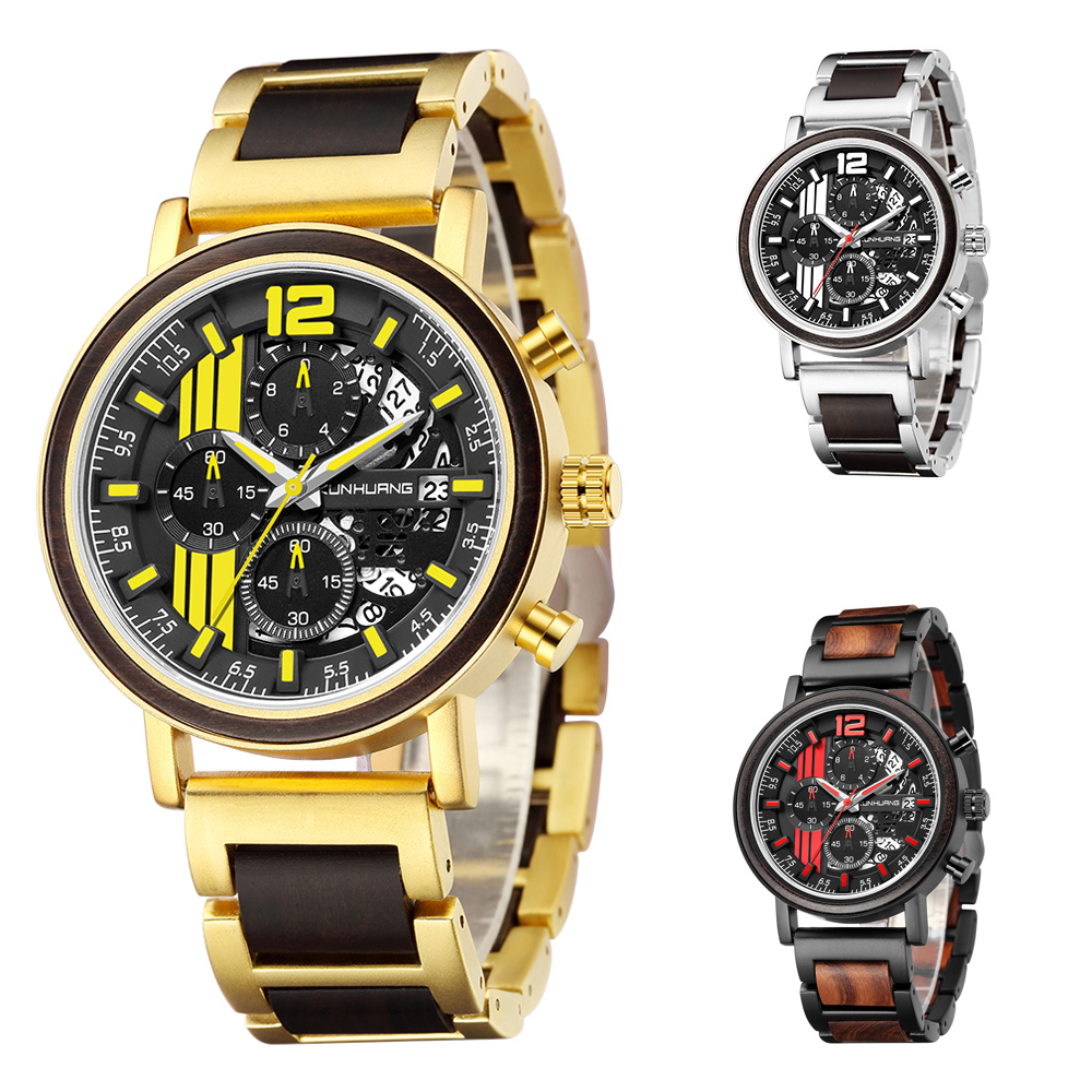 2021 Casual Sport Chronograph Big Dial Stainless Steel Wooden Brand Quartz Wristwatches Luxury Gold Men's Wood Watch