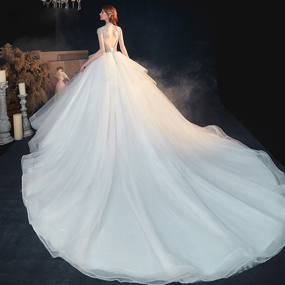 Shiny Beading Crystal Tulle Wedding Dress With Chapel Train Suknia Slubna High Neck Open Back Illusion Bridal Gowns Alibaba