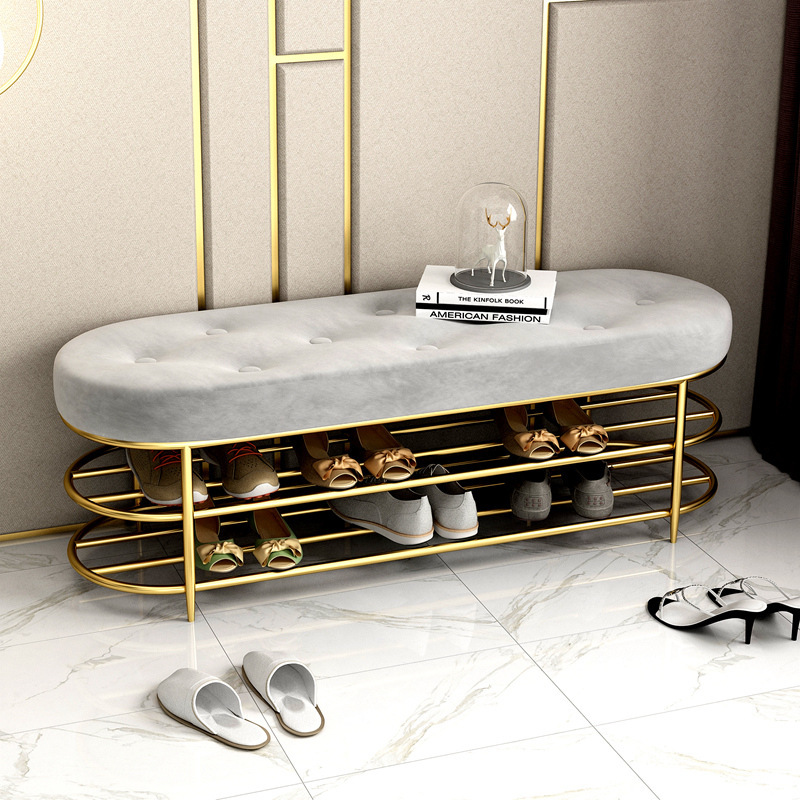 XJ3007JJ Nordic Pink Tufted Custom Metal Modern Door Gold Shoe Rack Cabinet Grey Storage Stool Stainless Bench Home With Seat