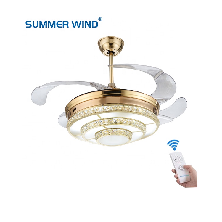 Factory direct 3 tone lights gold invisible crystal remote cooling ceiling fan lights for home