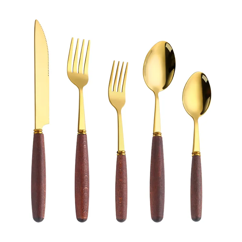 Hot Sell Wooden Cutlery Stainless Steel Cucharas Wholesale Gold Spoon Fork Set Wood Handle