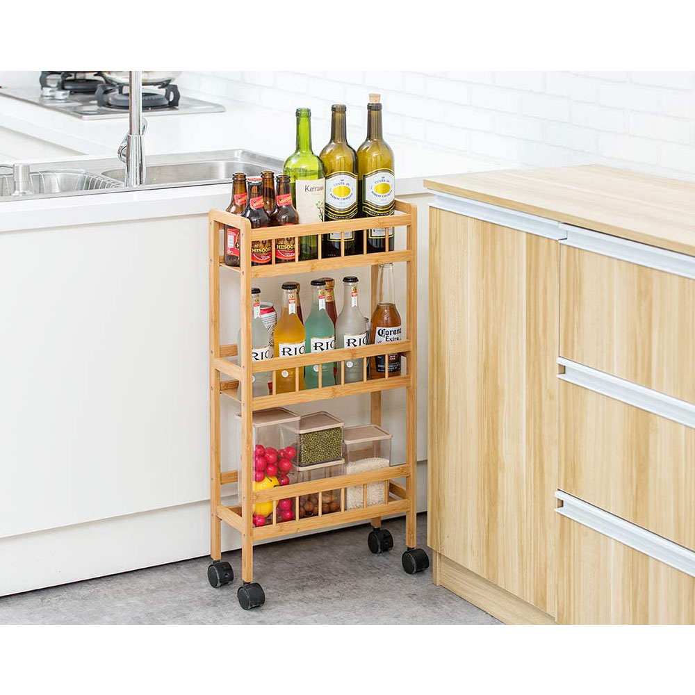 wooden 3-Tier Kitchen Removable Storage Cart Trolley Slim Slide Out Rolling cart