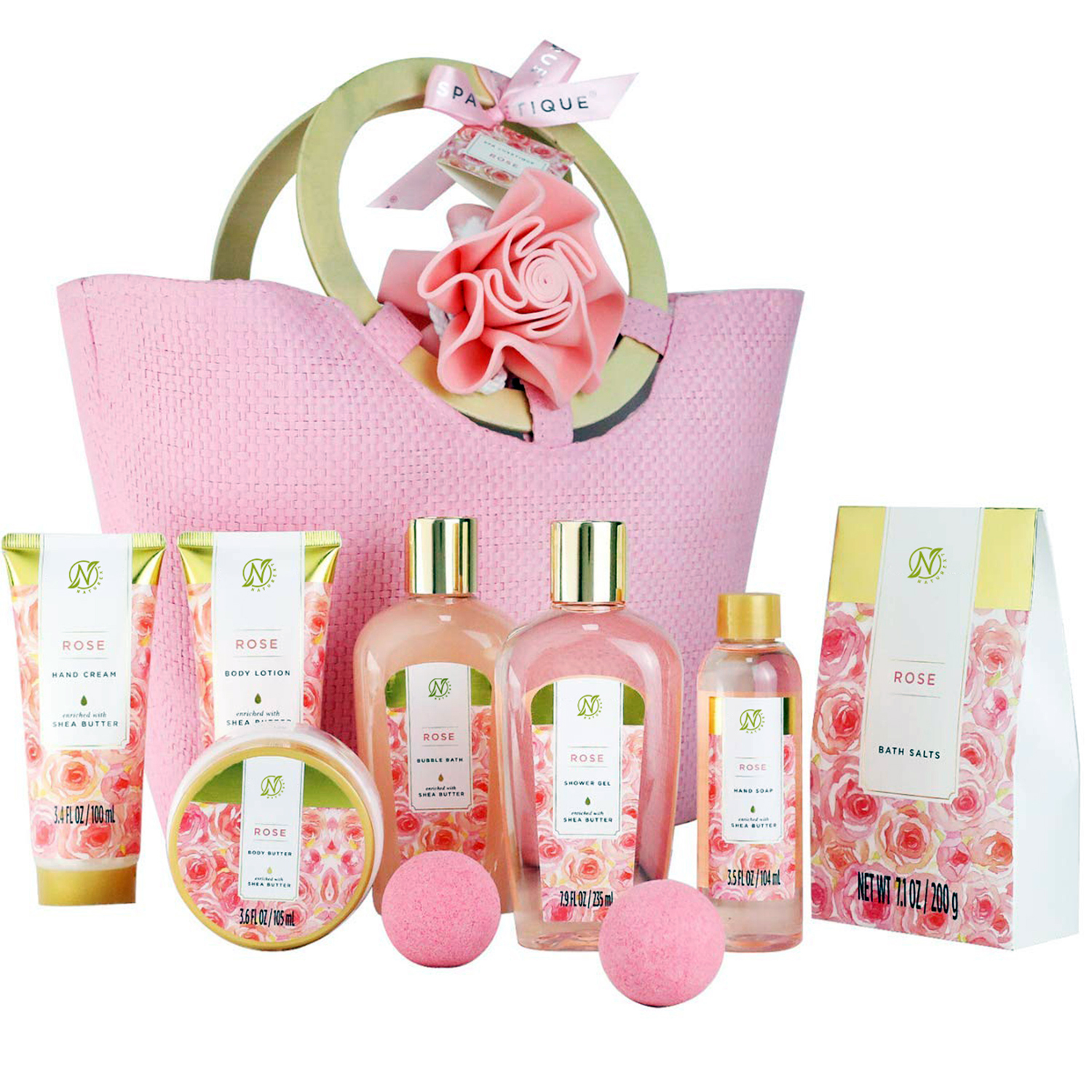 Rose Bath Spa Gift Basket Set for Women with Bath Salts, Body Lotion, Spa Porduct Set for Women Gift