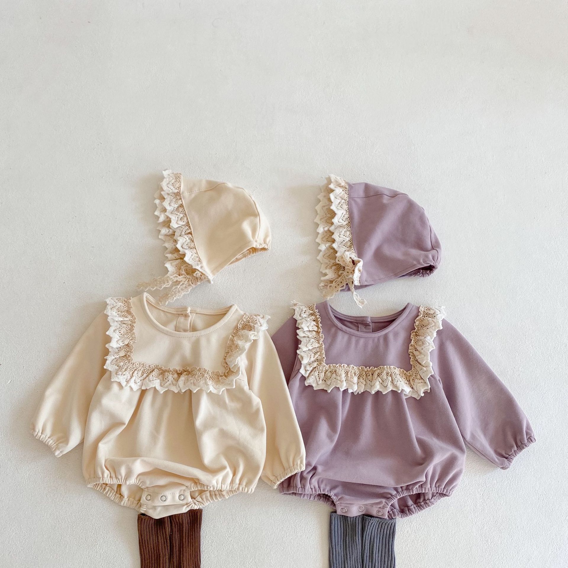2021 baby girls rompers 100% cotton newborn 100-day clothes lace ruffled long-sleeved one-piece romper triangle climbing clothes