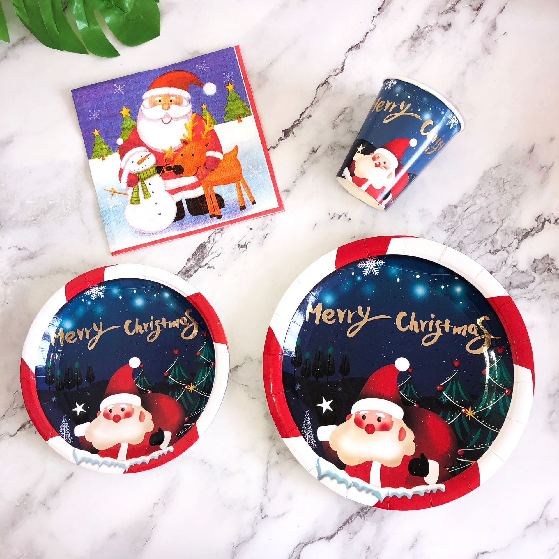 Christmas Disposable Party Decorations Tableware Set Santa Claus Cake Plate Party Picnic Paper Tray Paper Cup Paper Towel