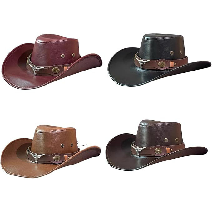Western Costume Party Unisex Cowgirl Hat Leather Handmade Cowboy Hat With Bull Horn Belt