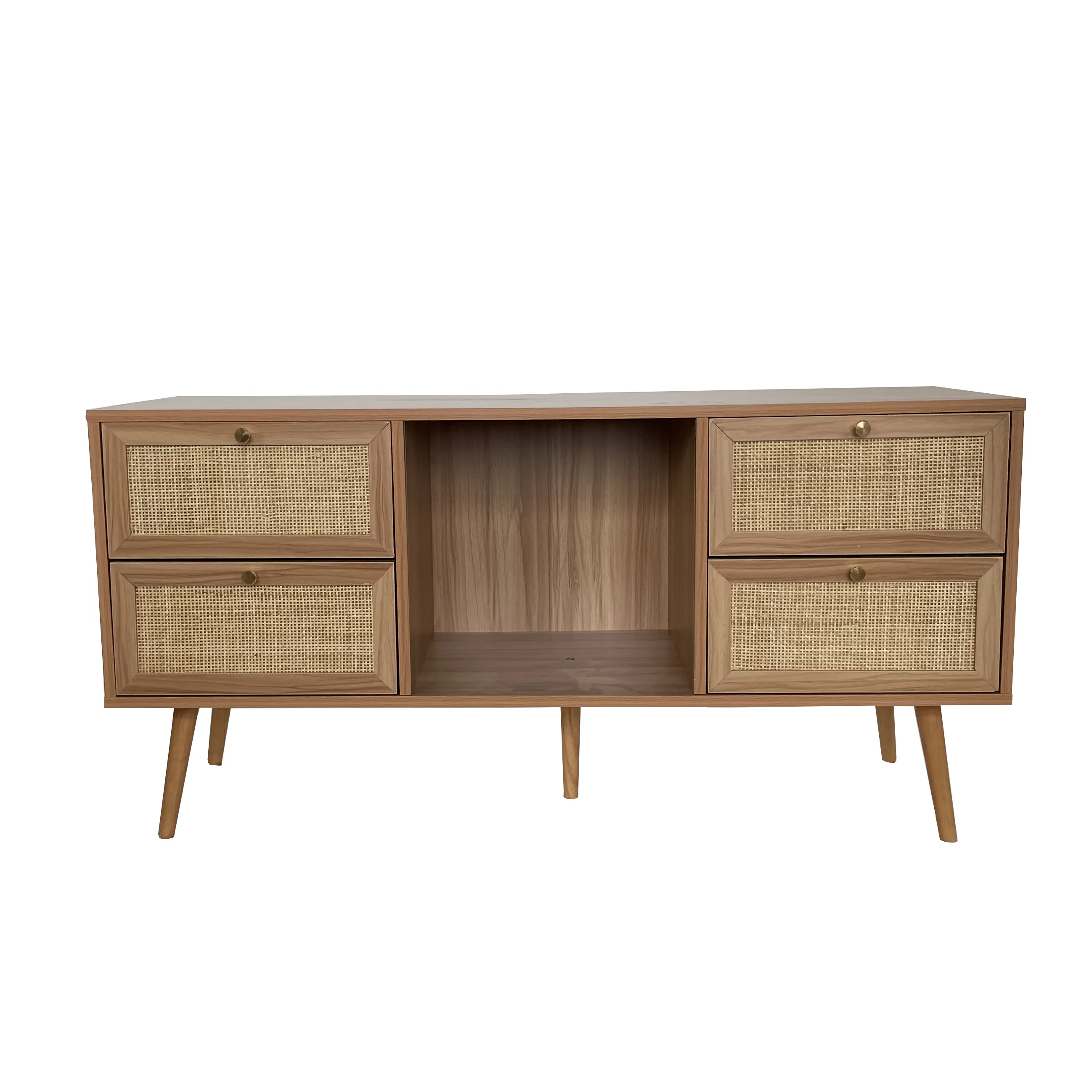 Wood entertainment unit natural rattan TV stand with 4 drawer