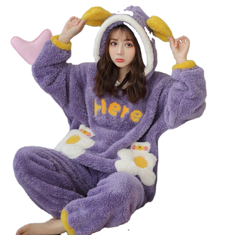 Winter Women Flanne Pajamas Sets White Thick Warm Nightwear Sweet Coral Velvet Pyjamas Female Long Sleeve Pants Pajama Homewear