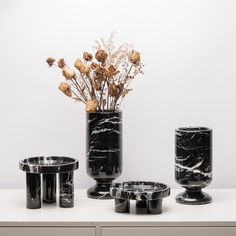 Modern Simple Straight Cylinder Natural Marble Vase Flower Decoration Living Room Storage Three-legged Stone Tray Decoration