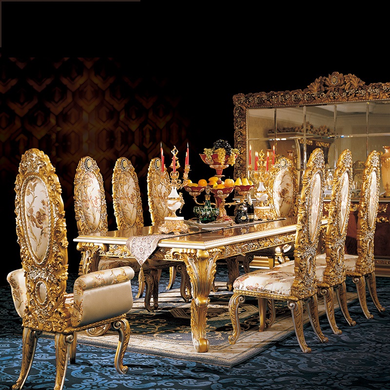 Custom Made Royal Luxury Style Solid Wood Fine Carving Golden Color Frame Dining Room Sets