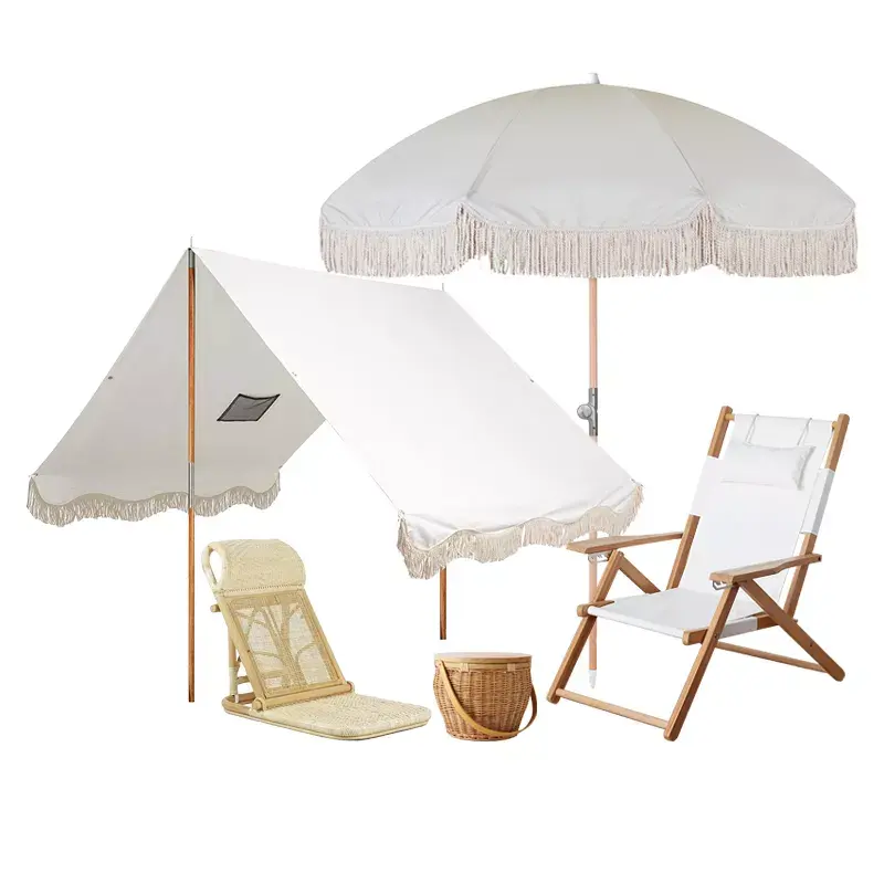 2022 Hot trend beach leisure sun shade set wooden beach tassels umbrella rattan chair and picnic basket