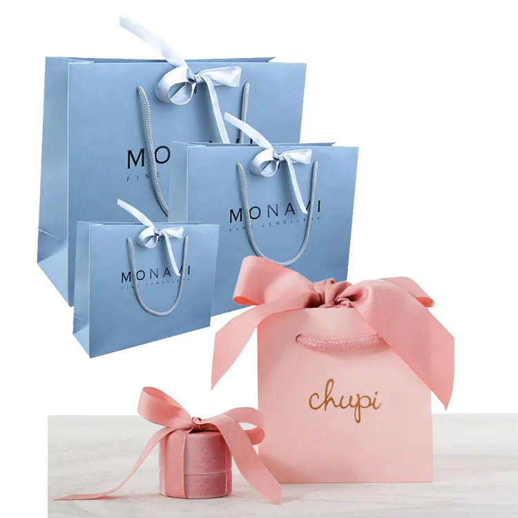 Wholesale Custom Printed Eurotote Style Luxury Matte Jewelry Packaging Blue Gift Paper Bag Giftbag