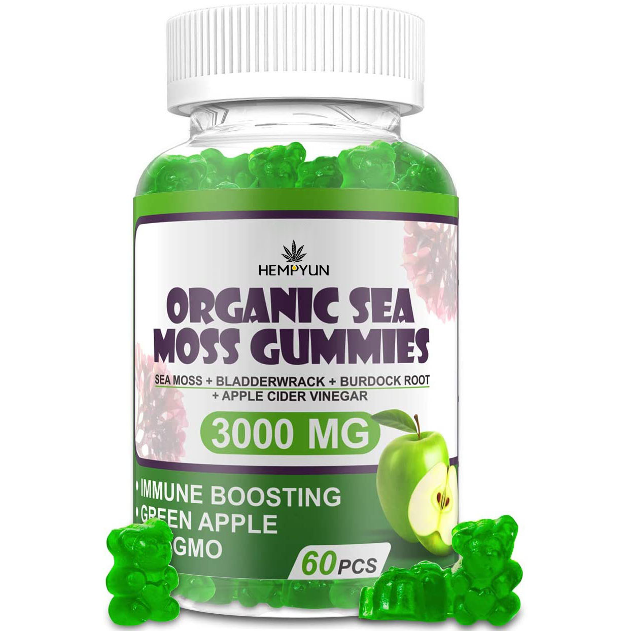 Органический морской мох Gummies-ямайский морской мох, Bladderwrack, Корень лопуха и яблочный уксус-60 Gummies