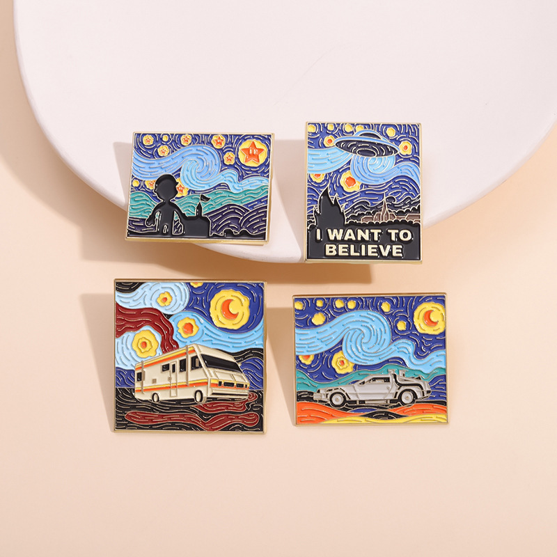 Wholesale oil painting landscape car travel metal badge stock fashion cartoon car soft enamel pins