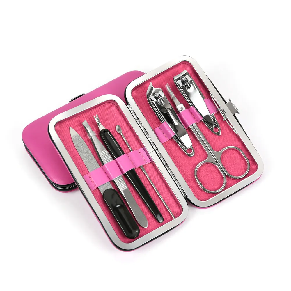 7pcs Pink Nail Clippers Set Beauty Scissor Multifunction Manicure Tool Kit Stainless Steel Nail Cutter Case Portable Travel
