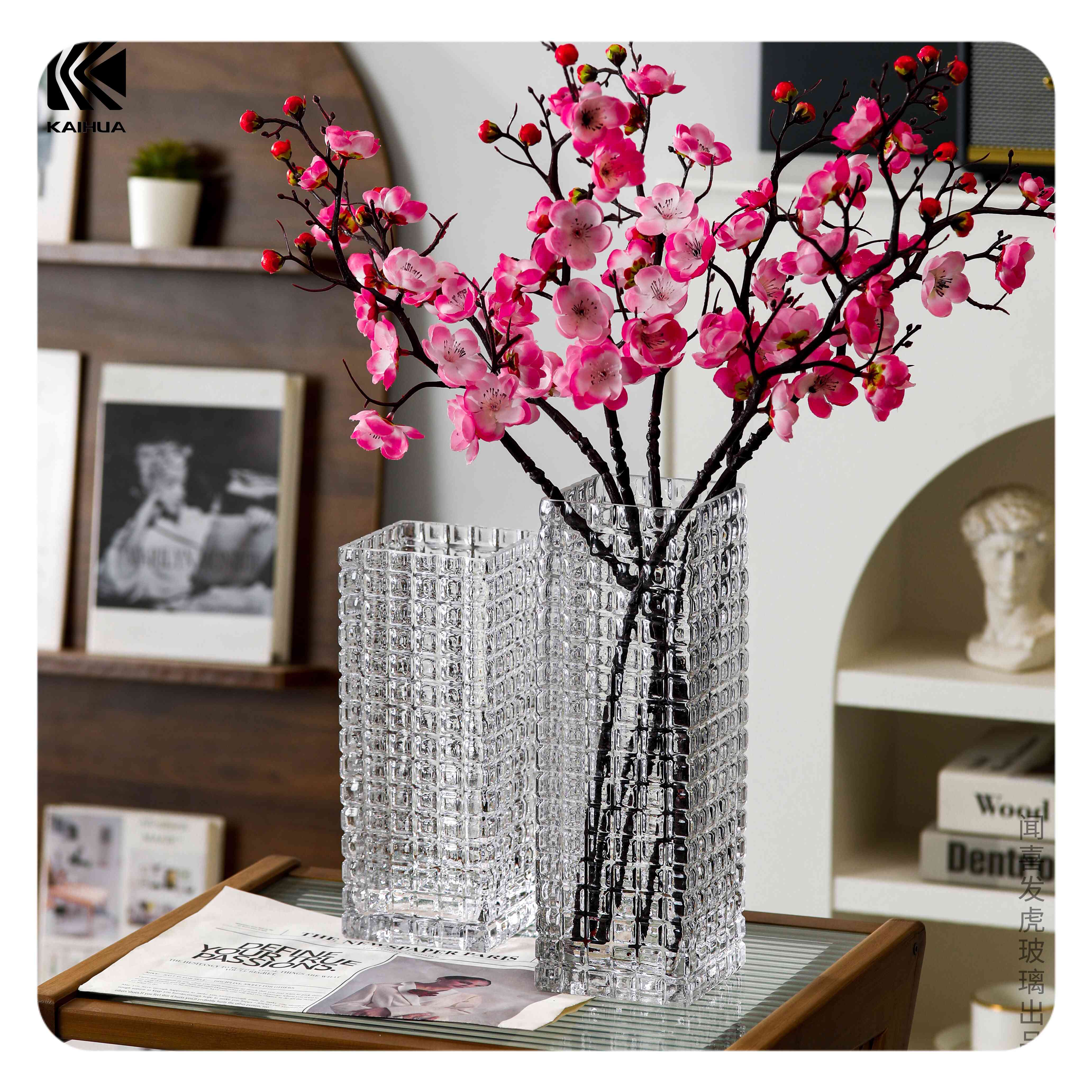 Scandinavian Style High Hammered Square Glass Vase Arrangement High Transparency Thickened Glass Vase