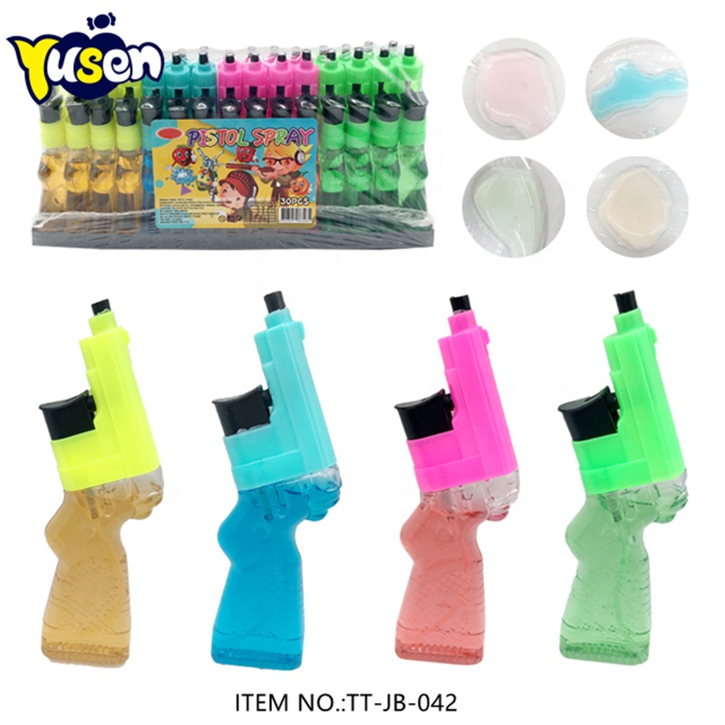 Colorful Big Wheel Fruit-Flavored Sour Liquid Candy Funny Plastic Pistol Shaped Spray Candy Sweet Fruity Taste Box Packaging