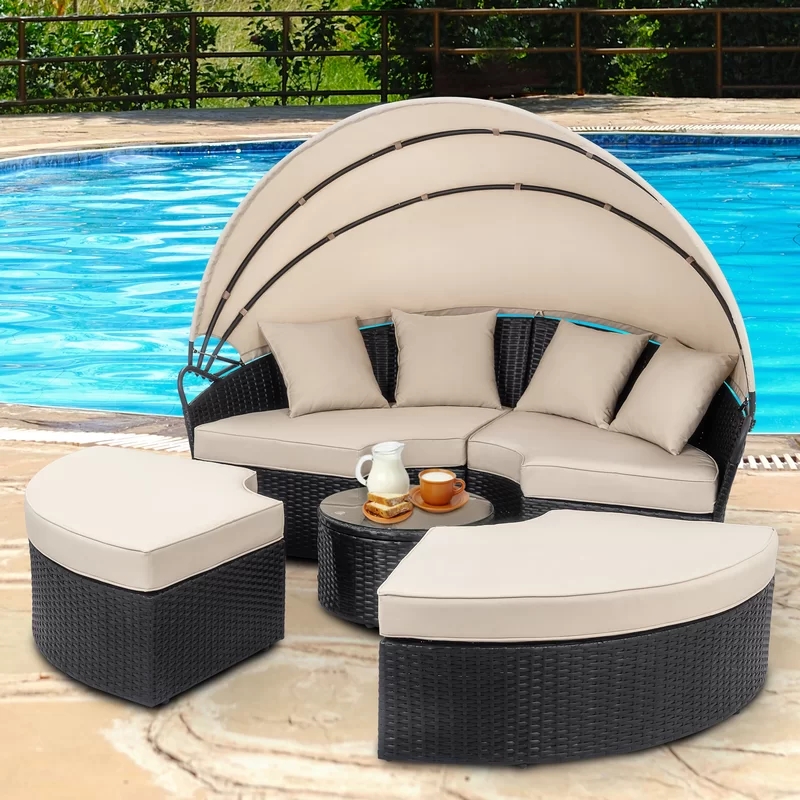 Outdoor Wicker Patio Rattan canopy Daybed with Cushions