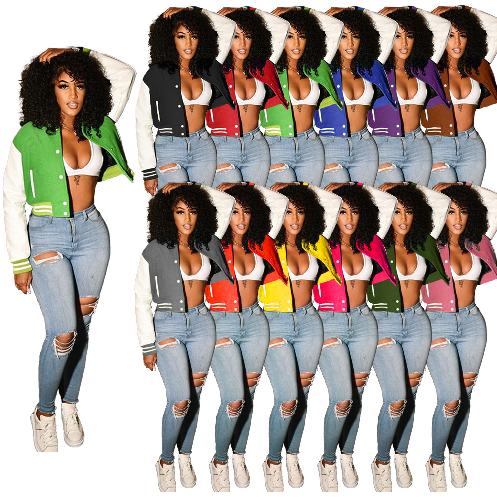 2021 Fall High Quality Women Cropped Letterman Jackets Long Sleeves Coats Bomber Jacket Custom Baseball Jacket