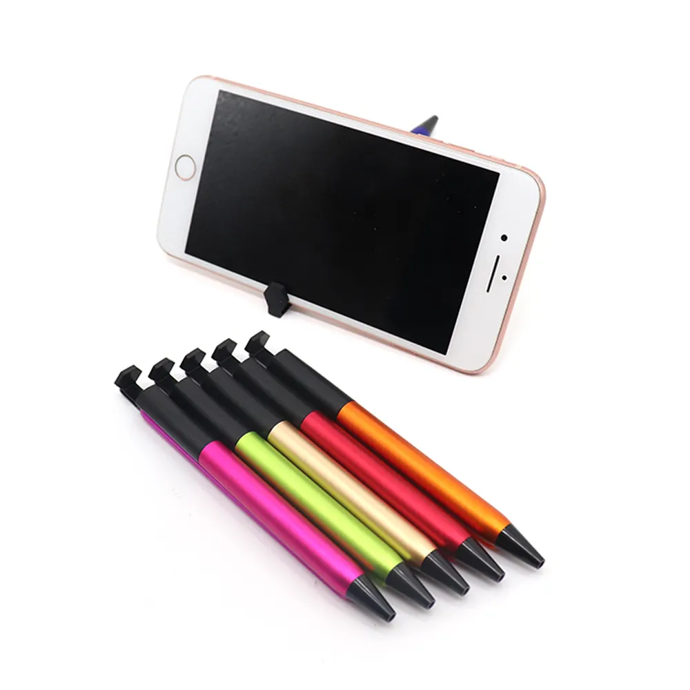 Chinese pens supplier twist custom ballpoint pen with mobile phone holder stand and colored elastic band