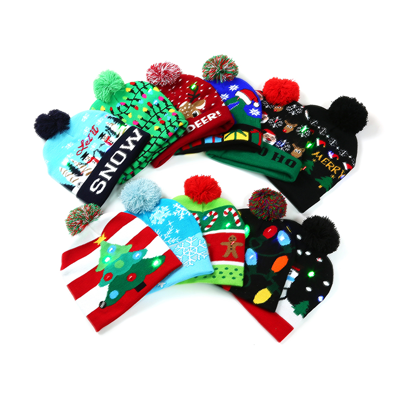 manufacturer customized christmas led beanie hat,gorros de navidad con luce,gorros led navideos