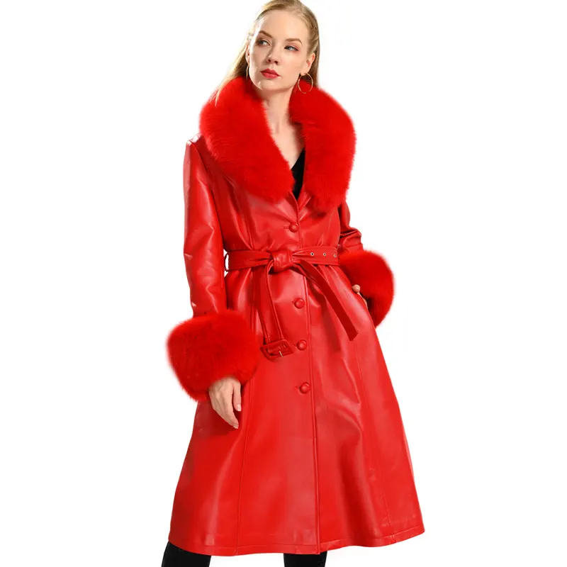 Женская длинная куртка из натуральной кожи, теплая кожаная куртка с воротником из натурального меха лисы и манжетами из натуральной кожи