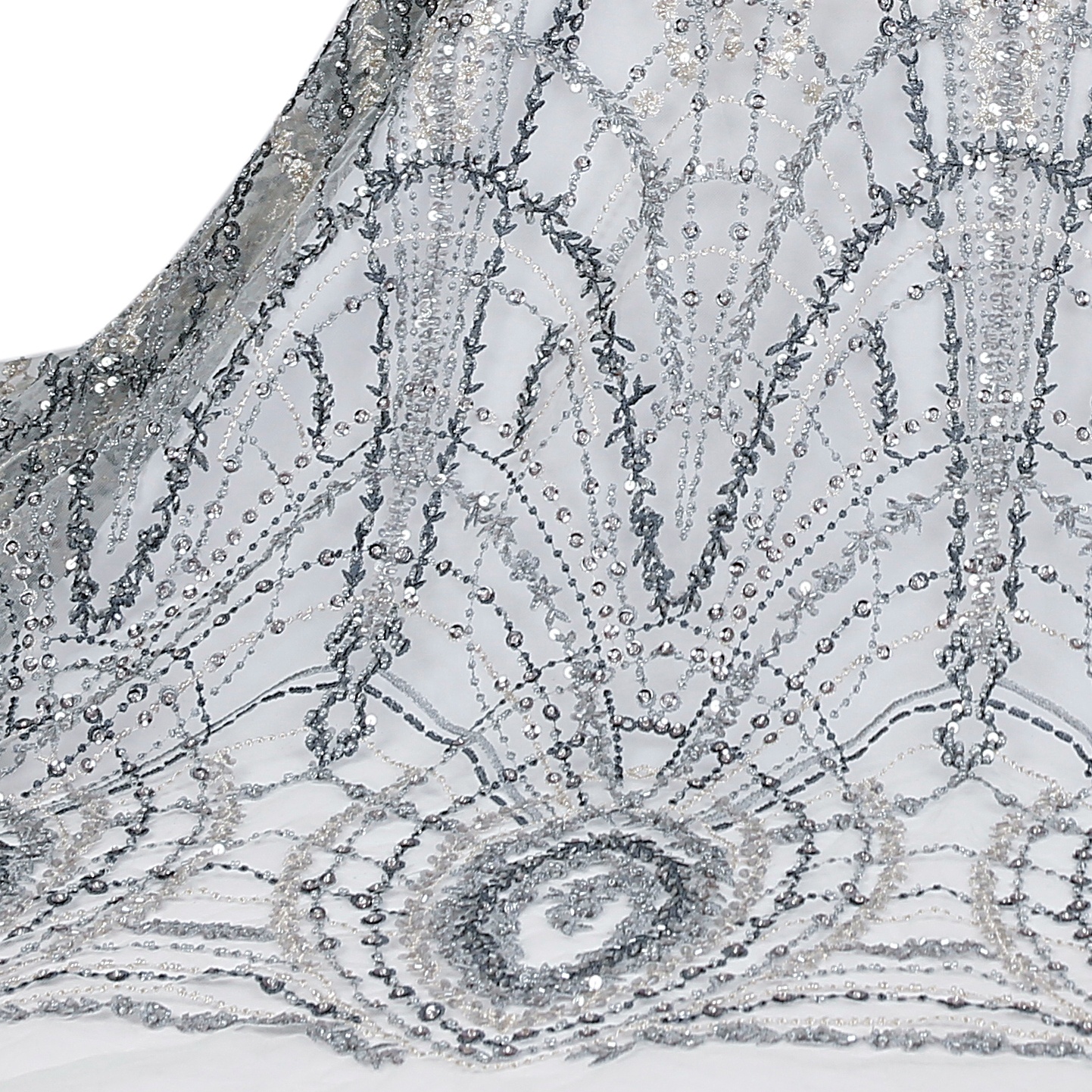 Top quality items geometry embroidered grey blue tulle large sequins with beads lace fabric for dresses