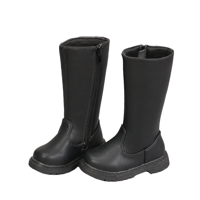 sh10219a Kids Boots Girls Black Leather Shoes Winter Fashion Solid Color Warm Knee-high Boots Children 2021