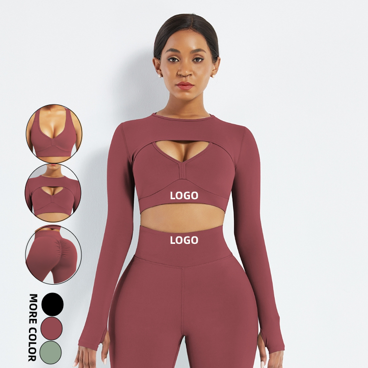 2021 Yoga Set 3 Piece Long Sleeve Crop Top And High Waist Yoga Pants Seamless Yoga Set