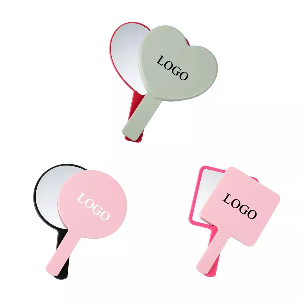 Factory customized new  Heart handle mirror portable beauty makeup mirror can be customized LOGO red ins wind hand