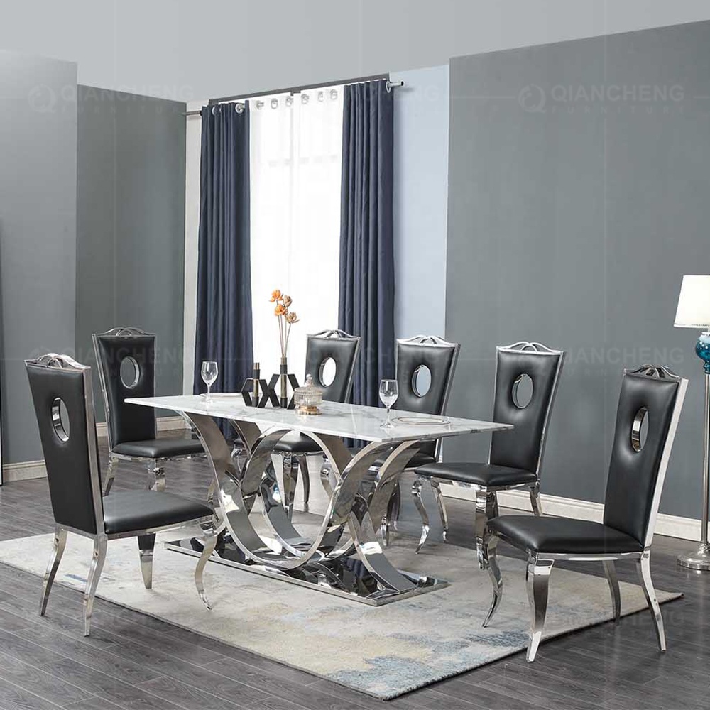 Foshan furniture online imported marbel 8 seater dinning room tabel set 6 chair modern luxury ss steel marble dining table