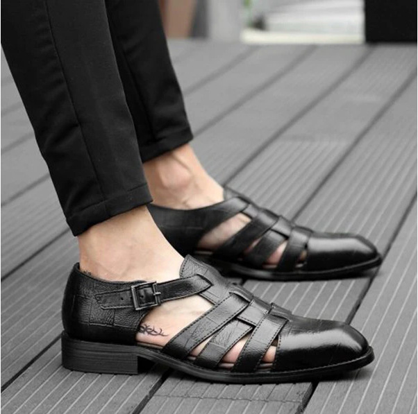 2020 hollow business formal leather shoes men's summer comfortable shoes buckle top layer cowhide shoes