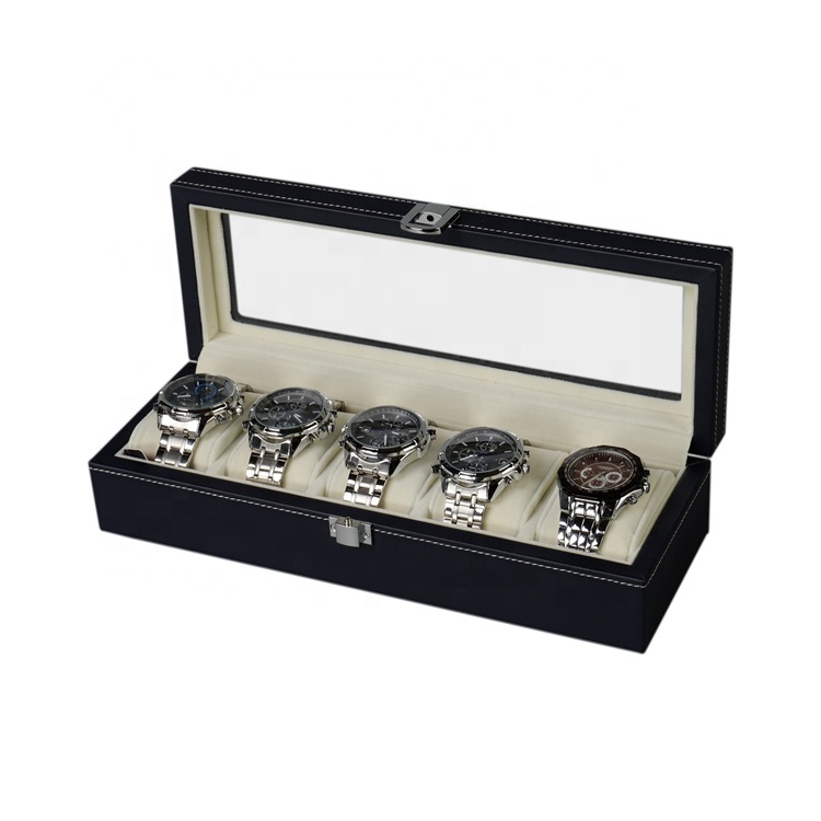 DS 5 Slots Vintage Black Wood Watch Box with Display Window Customized Wooden Watch Storage Case