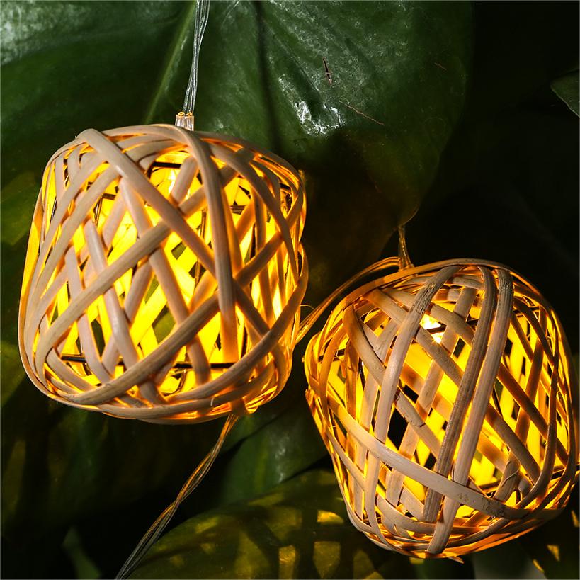 Bamboo rattan lampshade Garden solar lights Outdoor led string lightchain Decoration For Fence Backyard