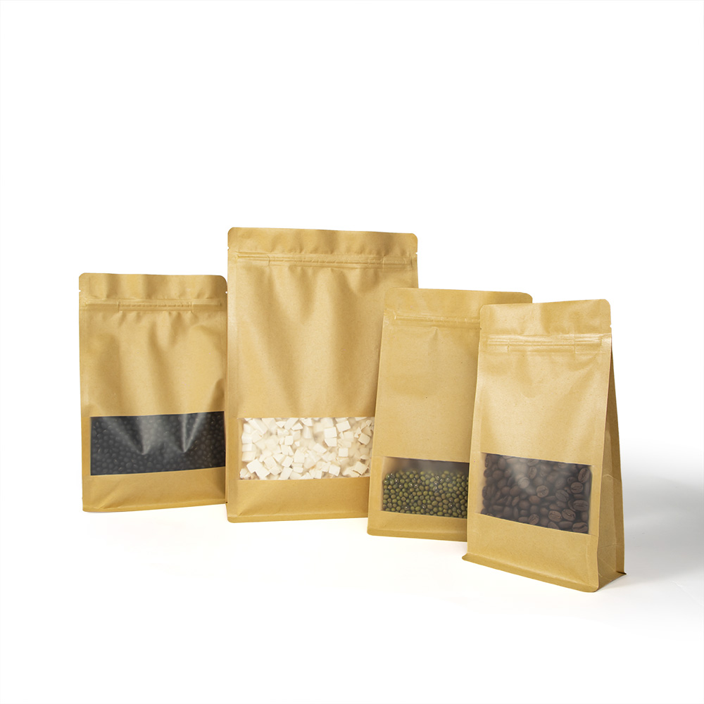 Biodegradable custom printed kraft paper eco friendly zip lock stand up pouch with clear window food rice packaging bag
