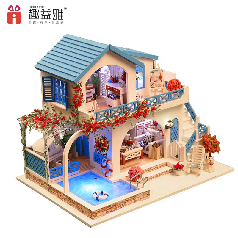 Gift for girlfriend diy wooden miniature doll house with swimming pool