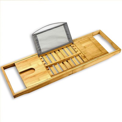 Natural Bamboo Bathtub Caddy with Extending Sides Expandable Shower Bath Tub Tray Rack With Waterproof Cloth