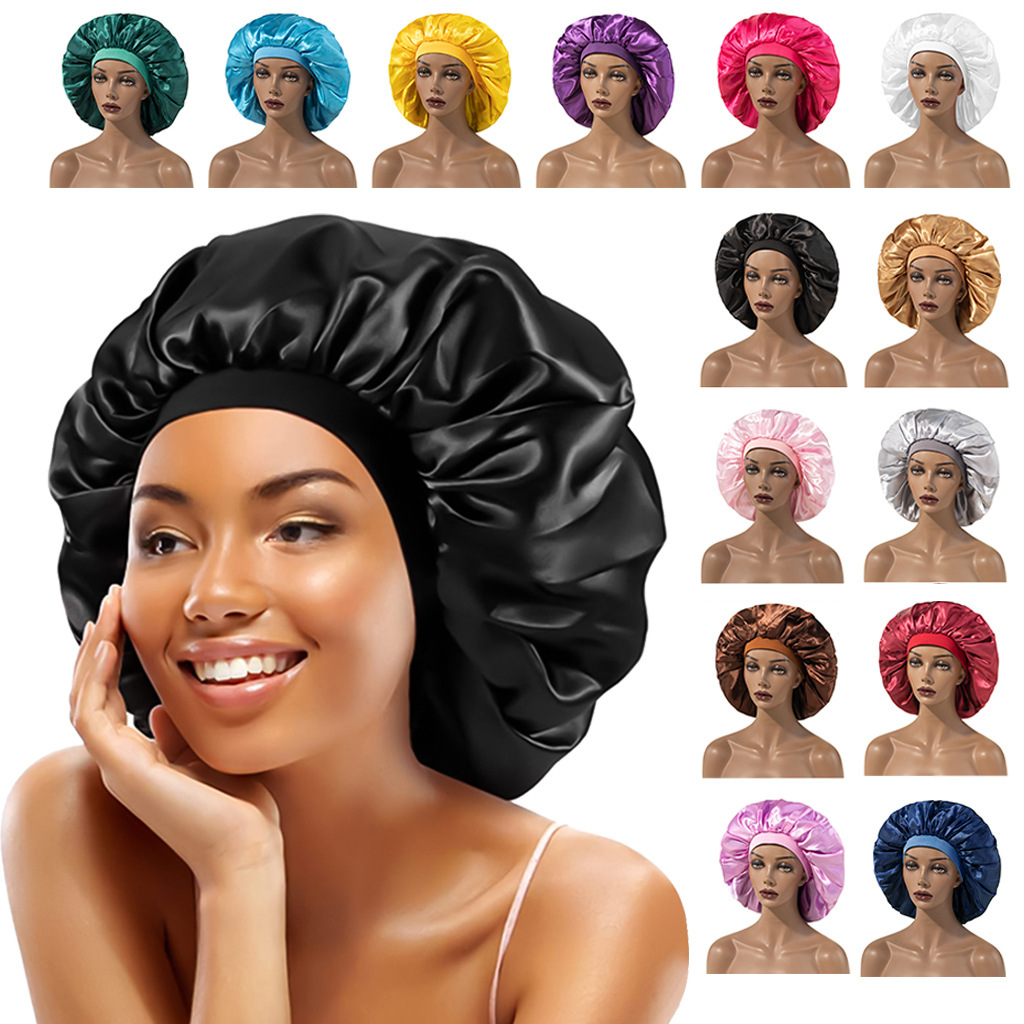 Solid color wide-brimmed elastic adult nightcap fashion hair care and beauty shower cap satin chemotherapy cap for men and women
