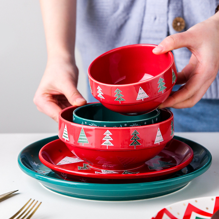 Customized Christmas Porcelain Mug Salad Cereal Bowl Party Serving Dishes Red Tableware Dinner Plates