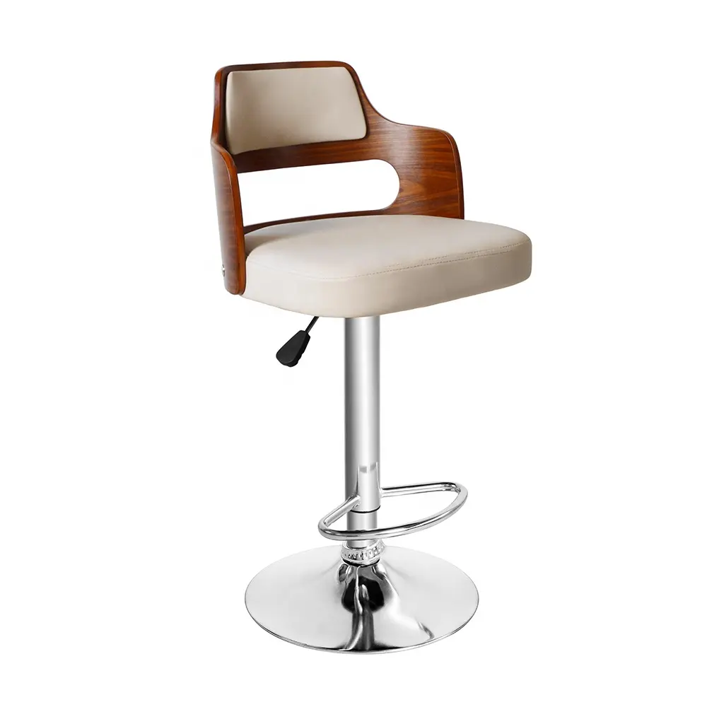2023 Bar Stool Swivel Dining Chair Lift  Leather Stool Wooden Backrest High Stool with Footrest