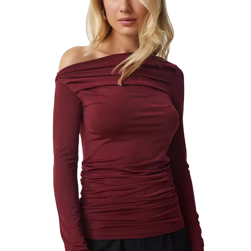 Spring Women's Breathable Asymmetrical Ruched Top Long Sleeve Solid Color Design Sense Tops For Women Elegant Sexy